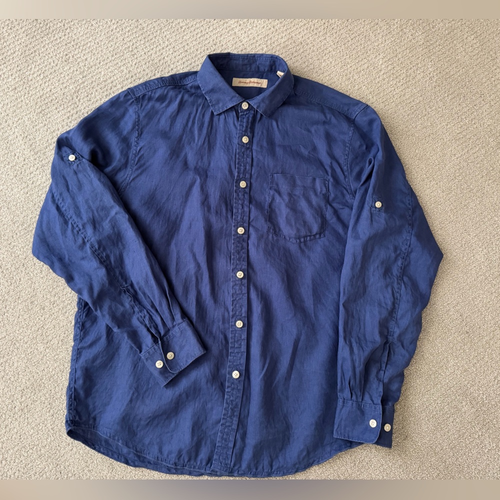 Tommy Bahama 100% Linen Button Down Shirt Indigo L/G Long Sleeve